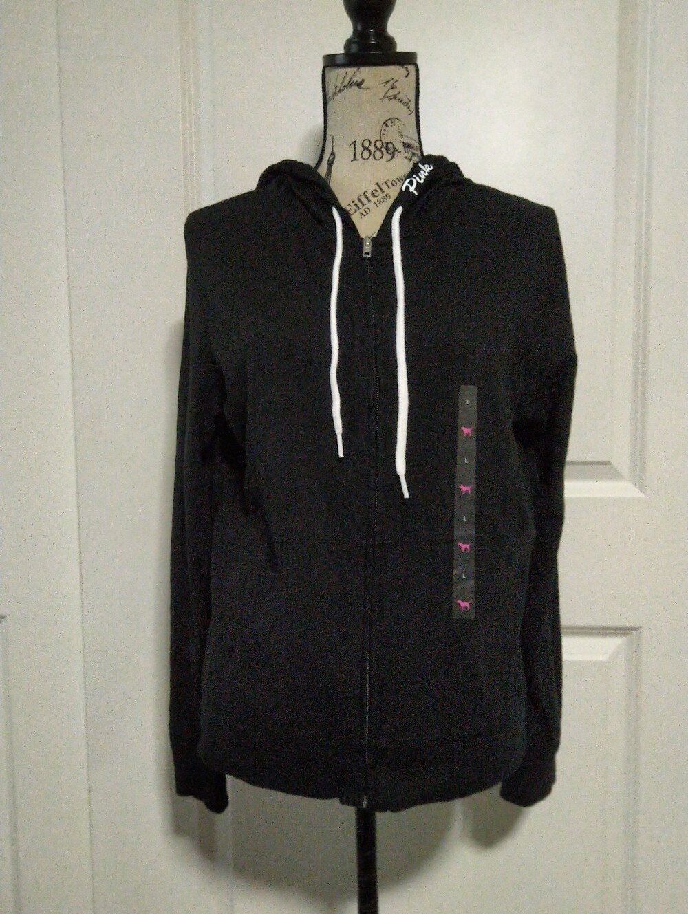 NWT Victoria's Secret PINK Black Zip Hoodie PINK Logo Jacket - Size L